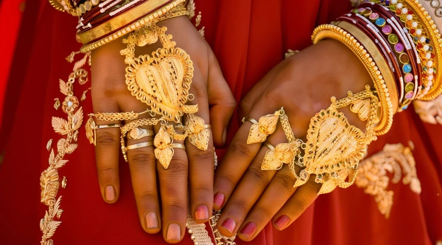 Numerosas joyas de oro en las manos de una mujer india