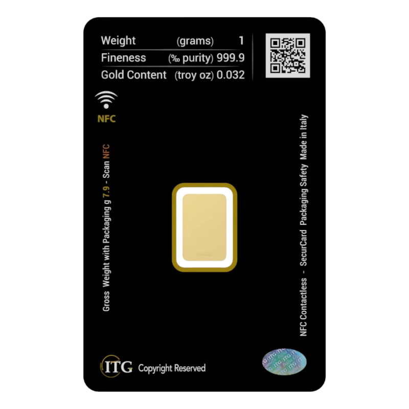 Lingotto d'oro da 1 grammo NAORI in blister di colore nero da regalo - retro