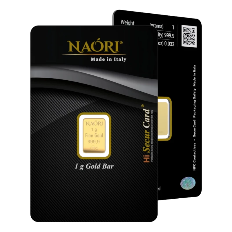 Lingotto d'oro da 1 grammo NAORI in blister di colore nero da regalo - fronte retro