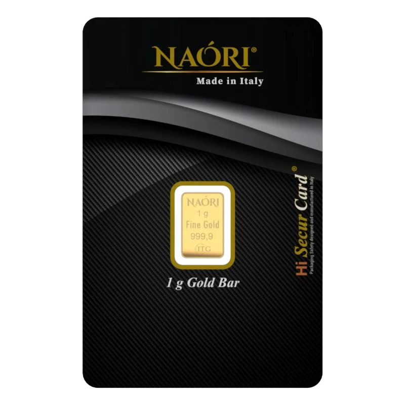 Lingotto d'oro da 1 grammo NAORI in blister di colore nero da regalo - fronte