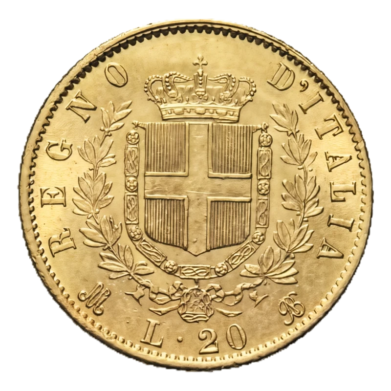 20 Lire Vittorio Emanuele II - Marengo Italiano in oro - lato frontale