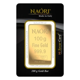 Anverso del lingote en oro puro de 100 gramos - Naori