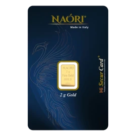 Anverso del lingote en oro puro de 2 gramos en blister de color azul de regalo o inversión - Naori