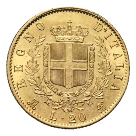 20 Lire Vittorio Emanuele II - Marengo Italiano in oro - lato frontale